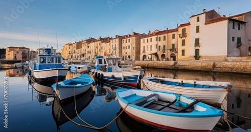 Capturing the Idyllic Beauty of Boats Docked in an Old Town's Small Harbor. Generative AI © Ilham