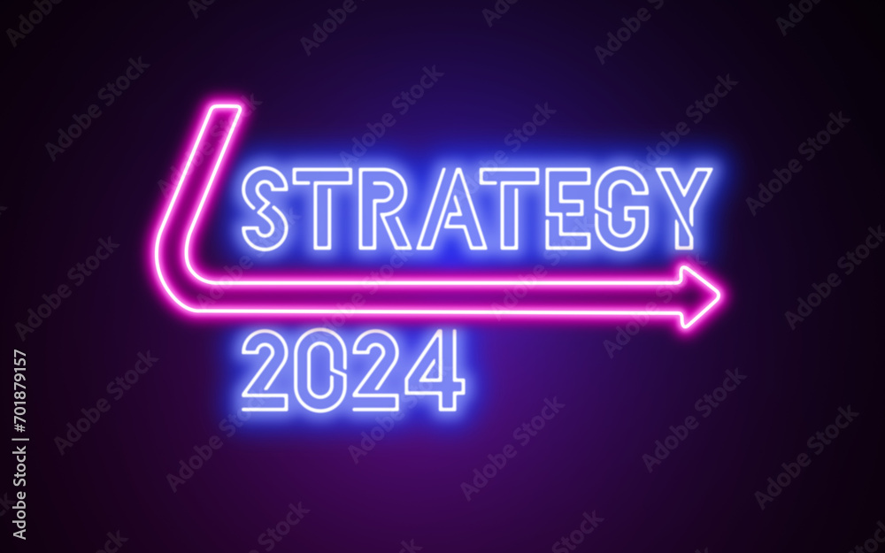 succA neon sign saying 'strategy 2024'. New year's strategy illustration. Title slide for a strategy presentation. 2024 year start presentation. Planning circle in business world. Success and goalsess