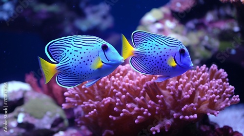 A pair of Powder Blue Tangs in a synchronized dance, their tails creating beautiful patterns as they move through the vibrant coral reef.