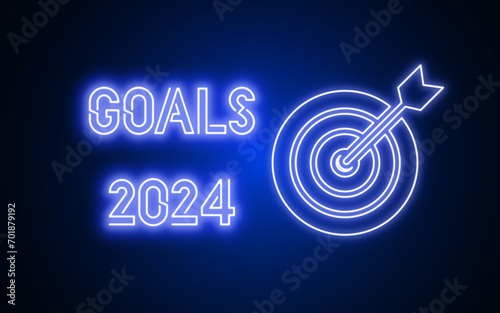A neon sign saying 'goals 2024'.  Title slide for a strategy presentation. 2024 year start presentation. Planning for the new year. Success and plans for 2024. Business excellence background. 