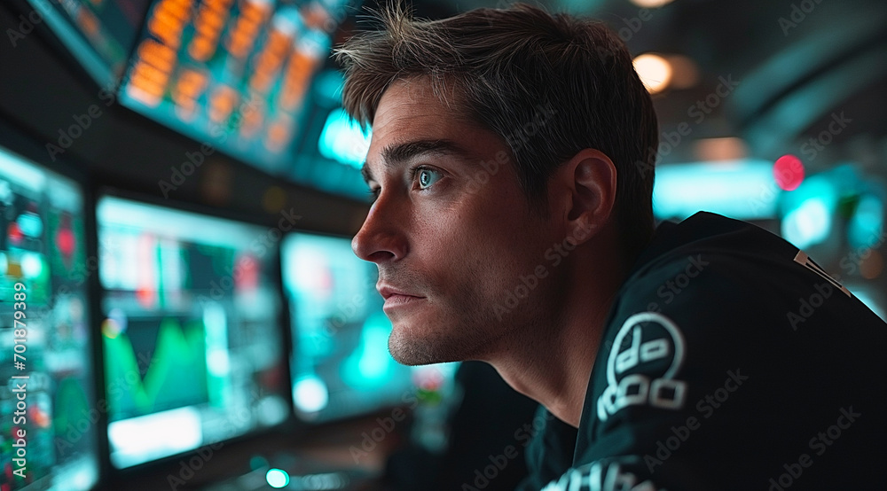 focused young man is looking at multiple computer screens filled with financial data, possibly analyzing stock market information or trading focused young man is looking at multiple computer screens filled with financial data, possibly analyzing stock market information or trading