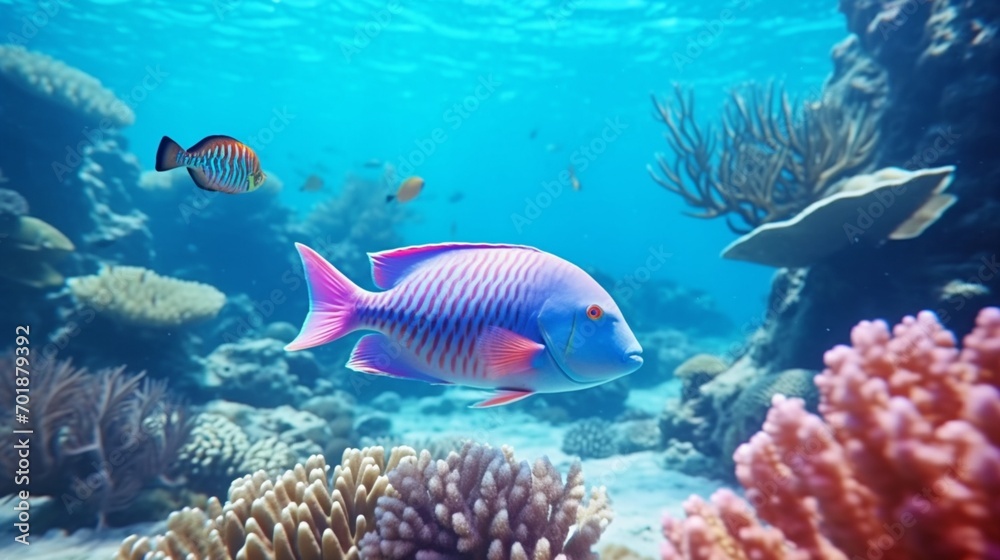Fototapeta premium A Parrotfish in its serene underwater world, framed by the stunning biodiversity of the coral reef, a testament to the beauty of marine ecosystems.
