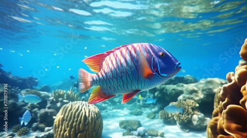 A Parrotfish in its natural habitat, surrounded by a variety of marine life, all bathed in the golden light of the sun's rays penetrating the water's surface.