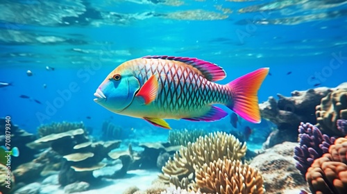 A Parrotfish in its natural habitat, surrounded by a variety of marine life, all bathed in the golden light of the sun's rays penetrating the water's surface.