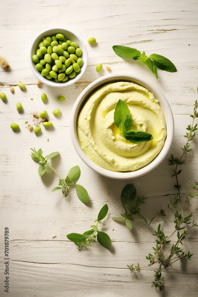 edamame humus and beans on the white table background, flat lay