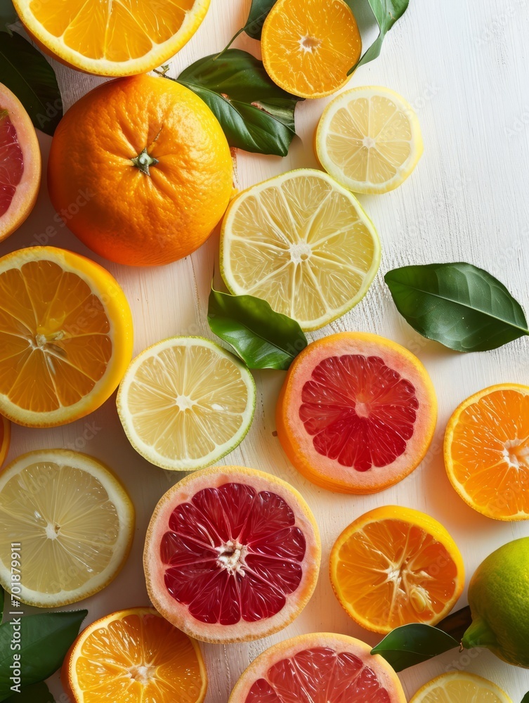 Vivid spread of various citrus fruits with leaves, top view on white.