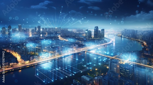 Smart city and intelligent communication network, night city, wireless connection technology concept, future technology concept photo