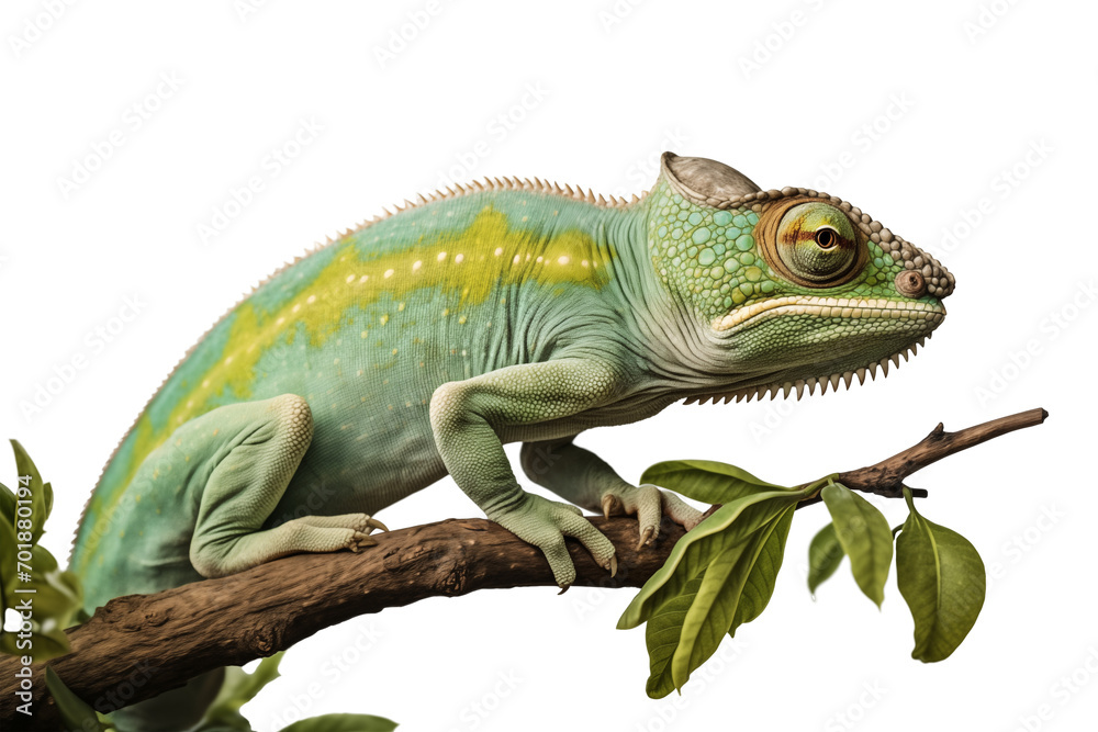 Obraz premium Side view of a chameleon on top of a branch isolated on a cutout PNG transparent background. Chamaeleo melleri