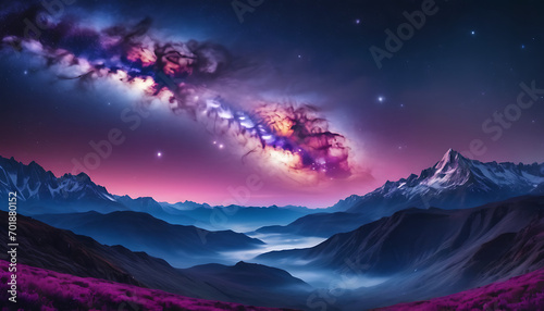An ethereal blend of dark blue, violet, and magenta hues creates a cosmic backdrop with swirling galaxies and distant stars