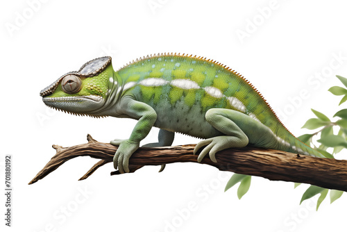 Left side view of a chameleon on top of a thin branch isolated on a clipped PNG transparent background. Chamaeleo melleri 