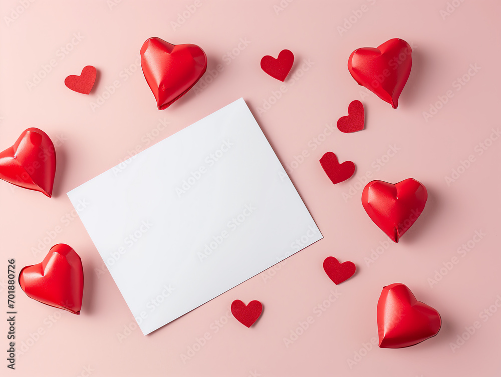 Mockup blank empty greeting card for valentines day with heart decorated on pink background