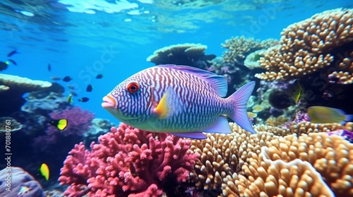 A Royal Gramma (Gramma loreto) swimming in vibrant coral reefs, captured in