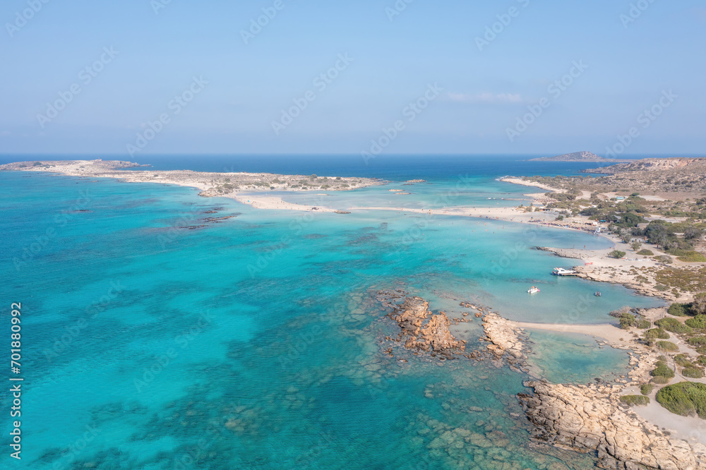 Elafonisi lagoon, Crete island Greece. Aerial drone view of turquoise water, beach with pink sand. Elafonisi lagoon, Crete island Greece. Aerial drone view of turquoise water, beach with pink sand.