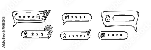 Doodle internet security concept. User verification, login, logout. Forgot password sketch vector illustration. Mobile app and pc user interface