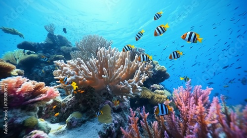 A school of Banggai Cardinalfish swimming gracefully among vibrant coral reefs in their natural habitat.