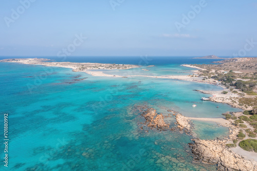 Elafonisi lagoon, Crete island Greece. Aerial drone view of turquoise water, beach with pink sand. © Rawf8