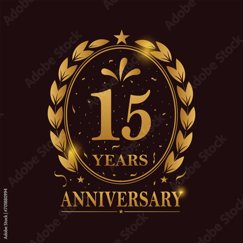 15 Years Anniversary celebration. Golden Color, Vector Template festive illustration. Birthday or wedding party event decoration.