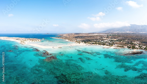 Elafonisi Crete island Greece. Aerial drone view of turquoise transparent sea water pink sand beach