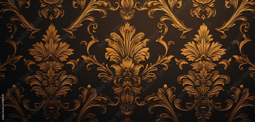 A classic damask pattern in gold and black on a 3D wall texture - obrazy, fototapety, plakaty 