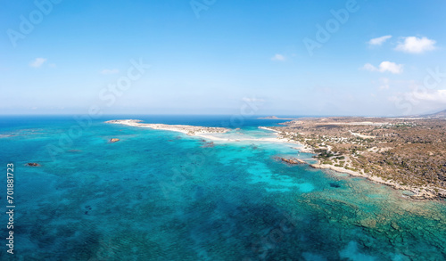 Elafonisi Crete island Greece. Aerial drone view of turquoise transparent sea water pink sand beach © Rawf8