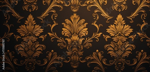 A classic damask pattern in gold and black on a 3D wall texture