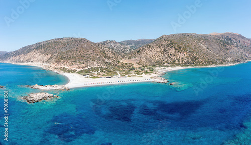 Crete island Greece. Aerial drone panoramic view of Paleochora town and crystal clear sea water.