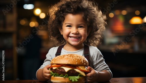 Happy child smiling with a large burger 