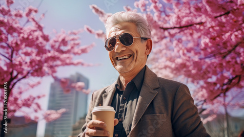 Modern happy elderly smiling man with a cup of coffee against the backdrop of pink cherry blossoms and metropolis city.