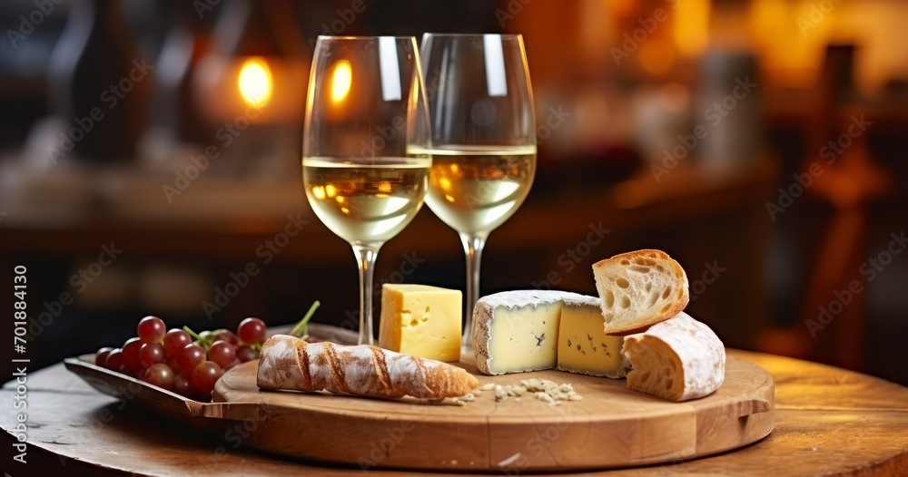 Savoring French White Wine in Crystal Glasses, Paired with Artisan Cheese and Freshly Baked Bread. Generative AI