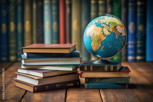 Globe and books on a wooden table. Education concept. Back to school