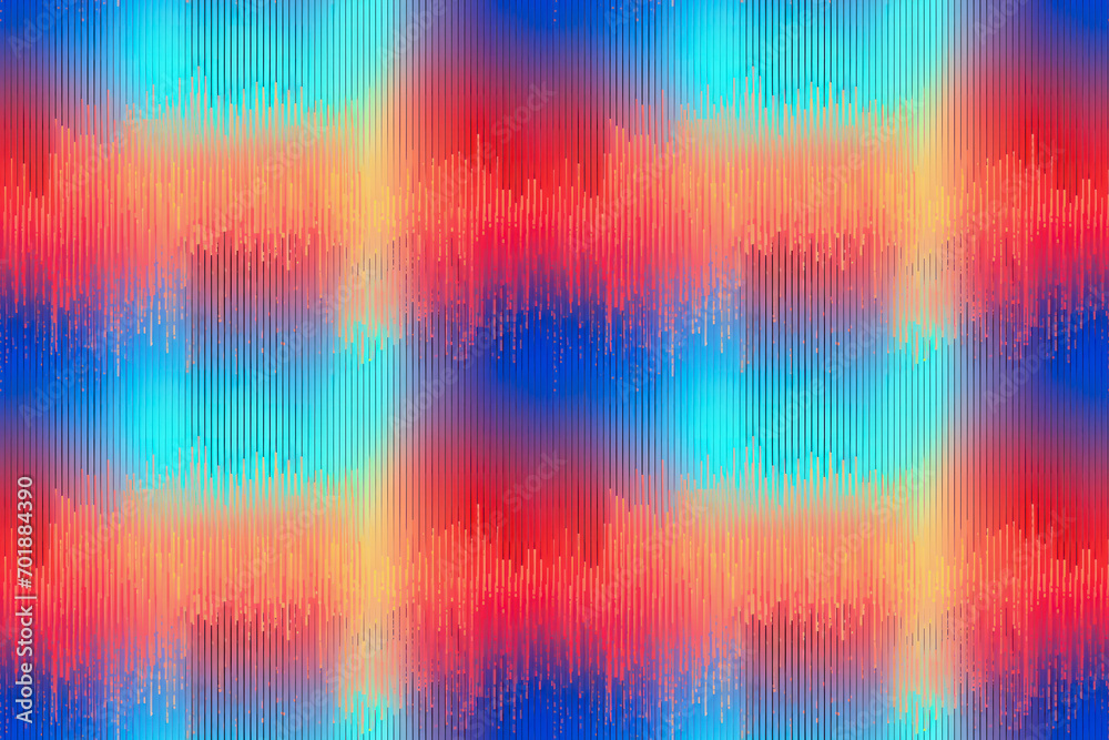 Glitch art seamless pattern, red and blue abstract lines pixels waveform, retro digital noise background, tiling texture