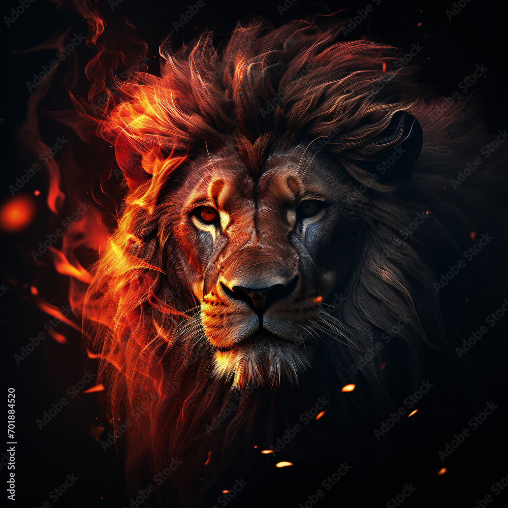 3D digital art of a Lion king in fire Portrait