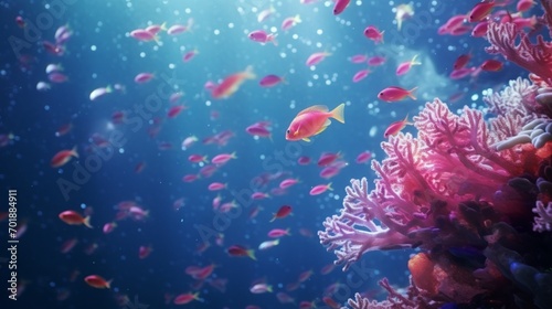 A surreal underwater scene featuring Anthias fish appearing to fly through the water, surrounded by phosphorescent plankton, creating an ethereal glow.