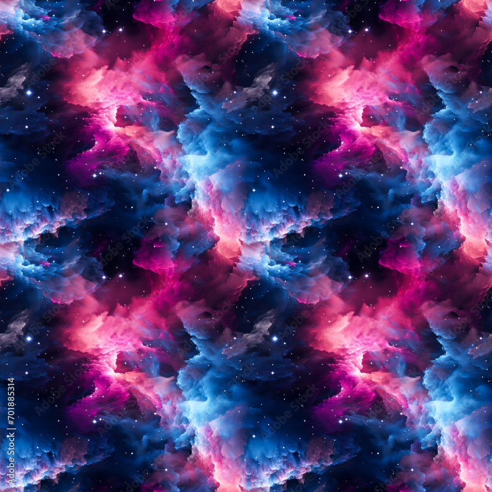Fototapeta premium Seamless pattern, colorful space nebula neon glowing tiling texture, pink and blue