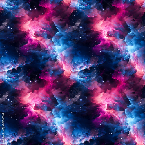 Seamless pattern, colorful space nebula neon glowing tiling texture, pink and blue