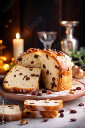 Sliced Easter Sweet Bread studded with raisins on wooden stand. Vertical, close-up, side view.