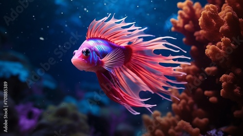 A vibrant Firefish (Nemateleotris magnifica) swimming in a coral reef, captured in
