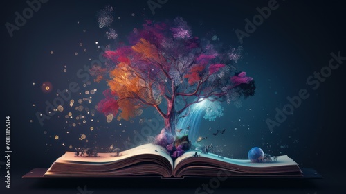 Magic book with tree and magic bokeh