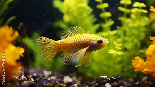 A vibrant Golden Wonder Killifish swimming in a lush underwater environment.