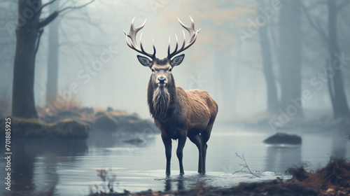 A beautiful red deer with big antlers in winter