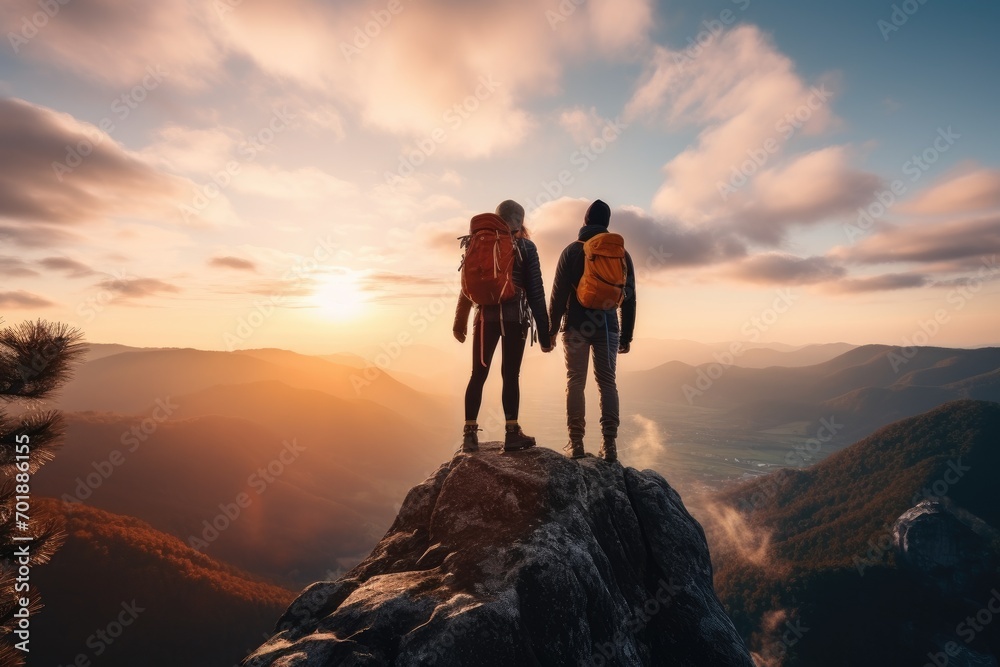Fototapeta premium Two people standing on a mountain