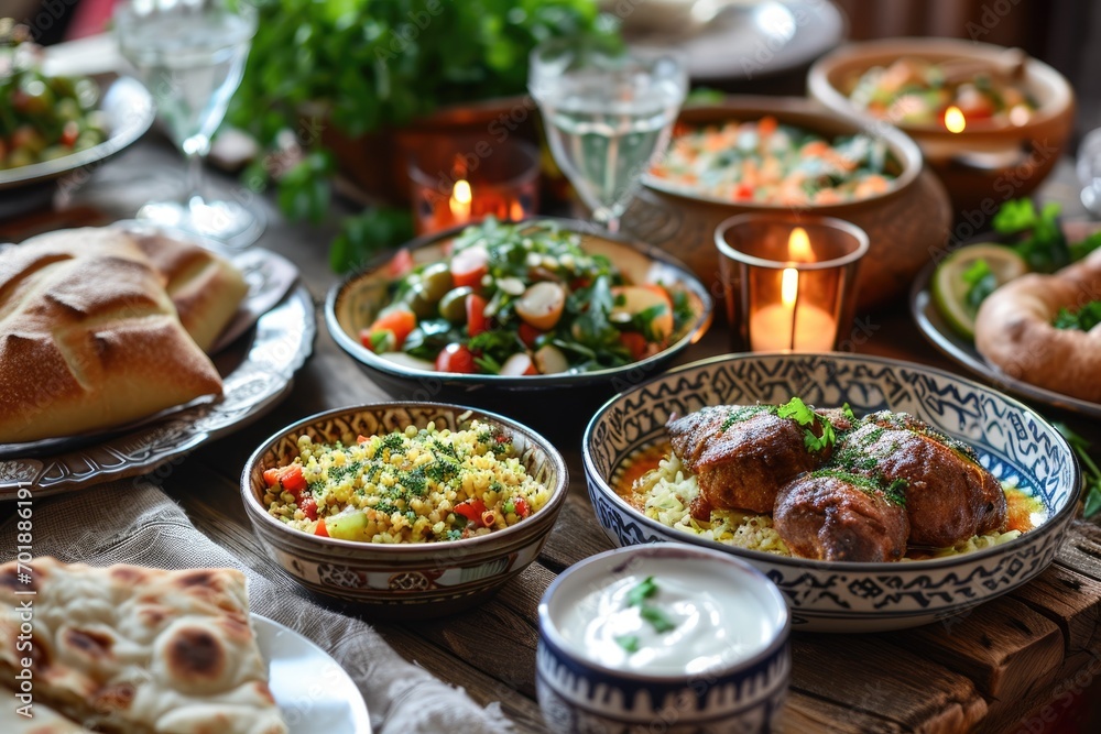 Ramadan kareem Iftar party table with assorted festive traditional Arab dishes Ramadan kareem Iftar party table with assorted festive traditional Arab dishes