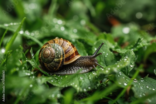 Macro shot of a snail on the grass after the rain