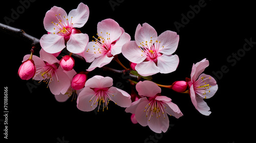 Abstract natural spring background light rosy dark flowers close up. Branch of pink white sakura cherry on a black background.