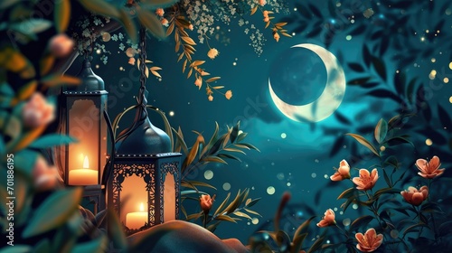 A lantern with a candle in it and flowers and moon in the sky #701886195