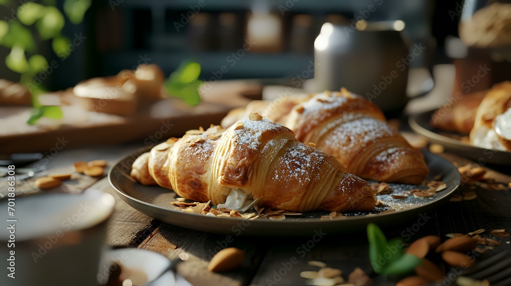 Plate with tasty croissants on wooden table, closeup Plate with tasty croissants on wooden table, closeup