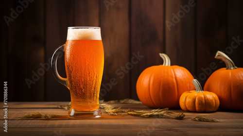 A beer glass with a pumpkin on top of it