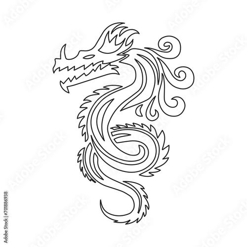Black silhouette of a Chinese dragon on a white background. Dragon with ornament. Logo  sketch  tattoo. Vector