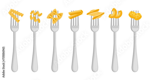 Set of forks with spaghetti and pasta on a white background. Food logos, restaurant menu icons. Vector