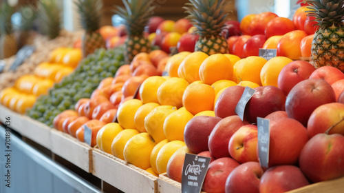 Shelf with fruits on food market display